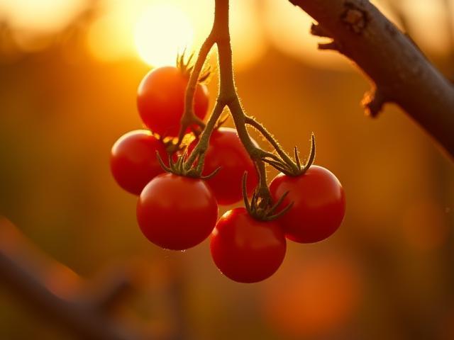 Bush tomato fruit on woody branches during golden hour in outback landscape