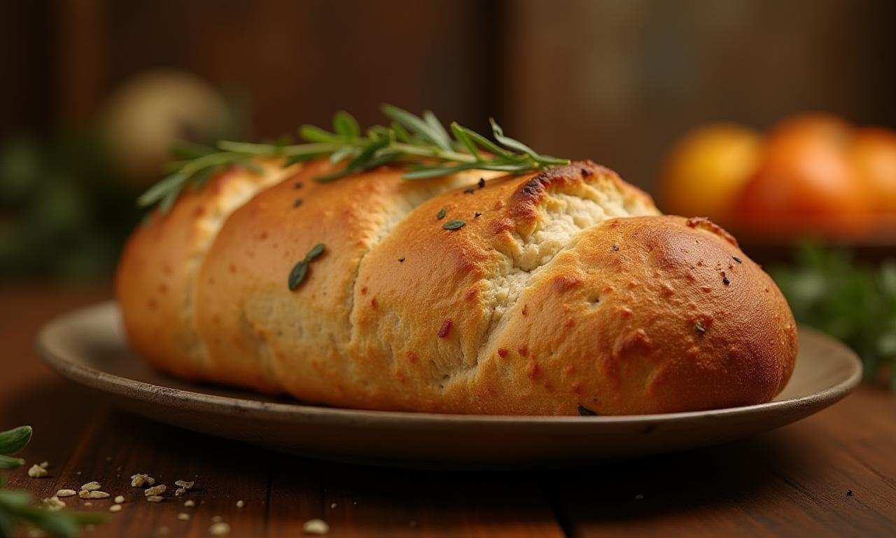 Close-up of a prepared Wattleseed Damper bread garnished with native herbs on a rustic plate