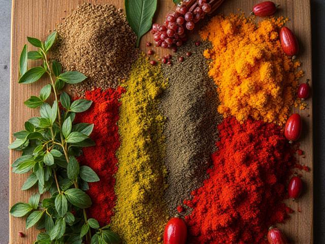Colourful native Australian spices and herbs arranged on rustic wooden board