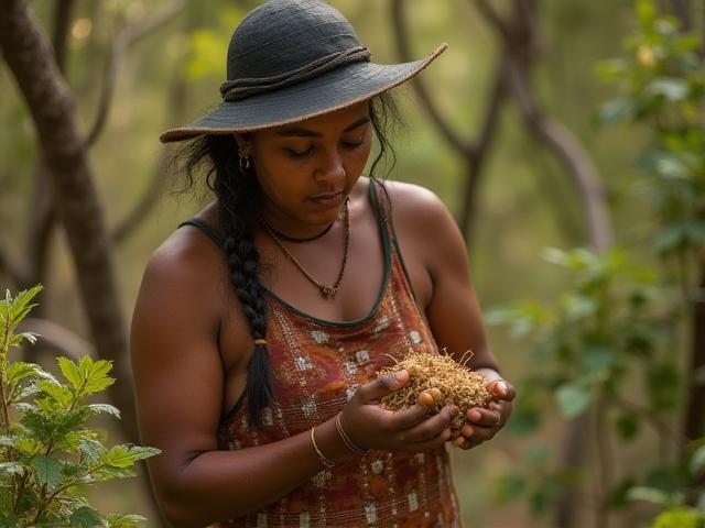 Indigenous forager sustainably harvesting bush foods in native Australian landscape