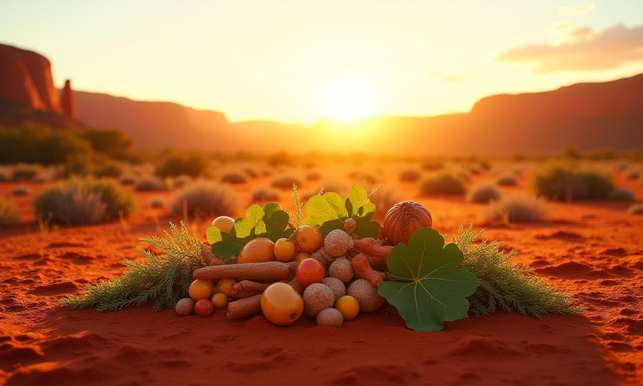 Stunning view of the Australian red centre landscape with native bush tucker ingredients artistically arranged in foreground