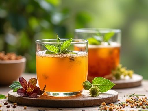 Native Australian botanical beverage infusions displayed with fresh herbs