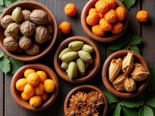 Assortment of dried native Australian fruits and bush nuts in wooden dishes