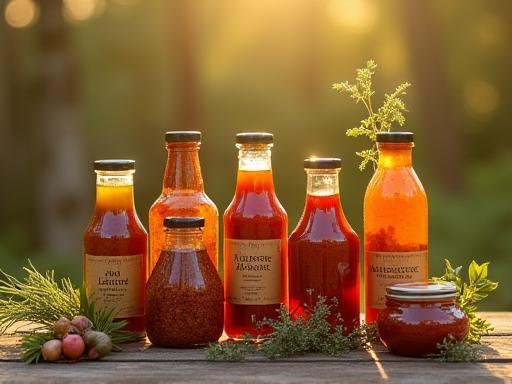 Bottles and jars of native Australian sauces and relishes on rustic wooden table