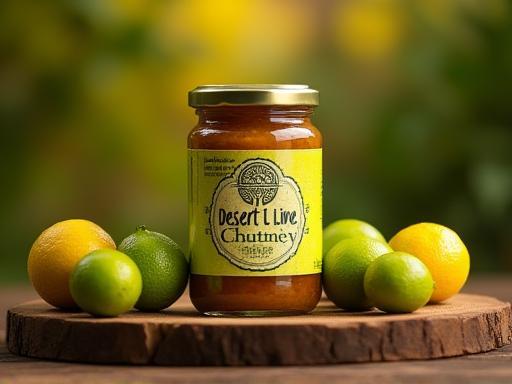 Jar of Desert Lime Chutney surrounded by fresh desert limes