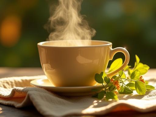 Steaming cup of Lemon Myrtle Tea with fresh lemon myrtle leaves