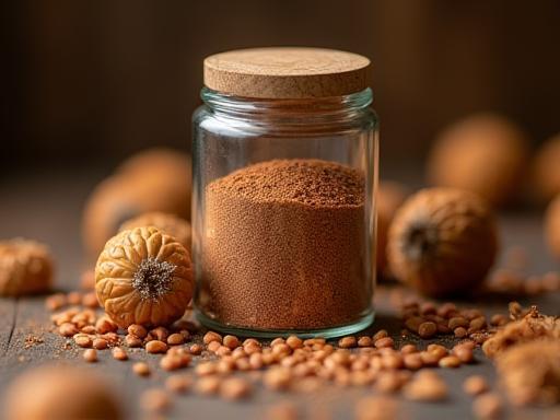 Close-up of Wattle Seed Spice jar and natural wattle seeds