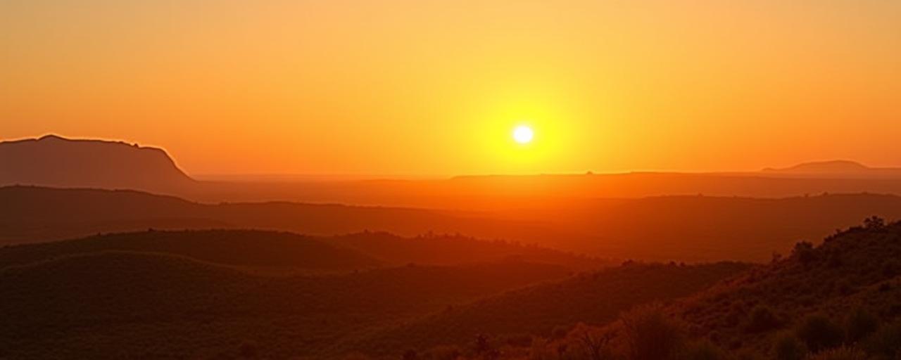 Wide indigenous Australian outback landscape with warm sunset light over rugged terrain