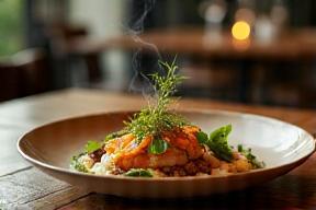 Plated bush food dishes served in an elegant restaurant setting