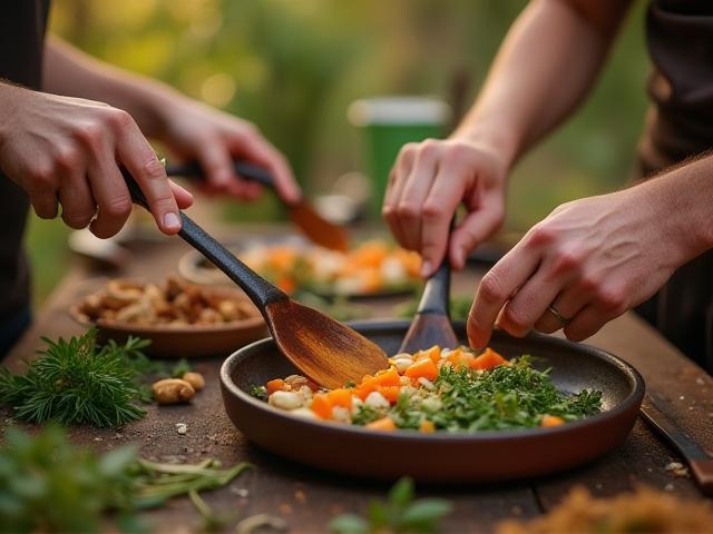 Participants cooking native ingredients in an outdoor kitchen